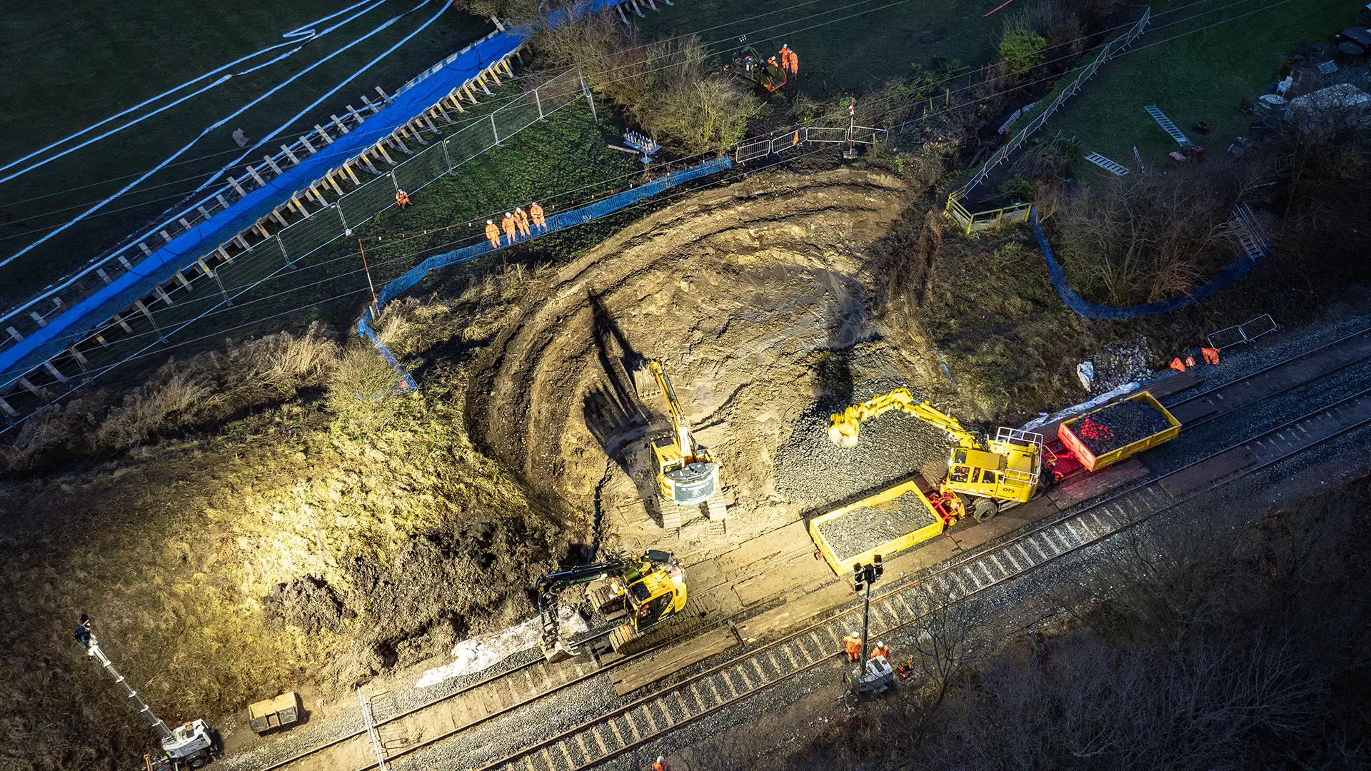 Aerial view of emergency excavation and repair works beside an operational railway line